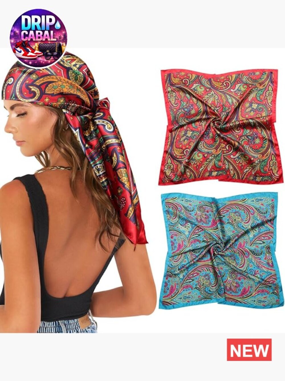 2 Pack 35" Square Satin Hair Scarf Bandana - Silk Like Floral Fashion Scarf